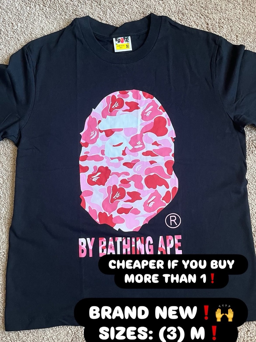 By Bathing Ape Black Short-Sleeve Tee with Pink Camo Ape Head